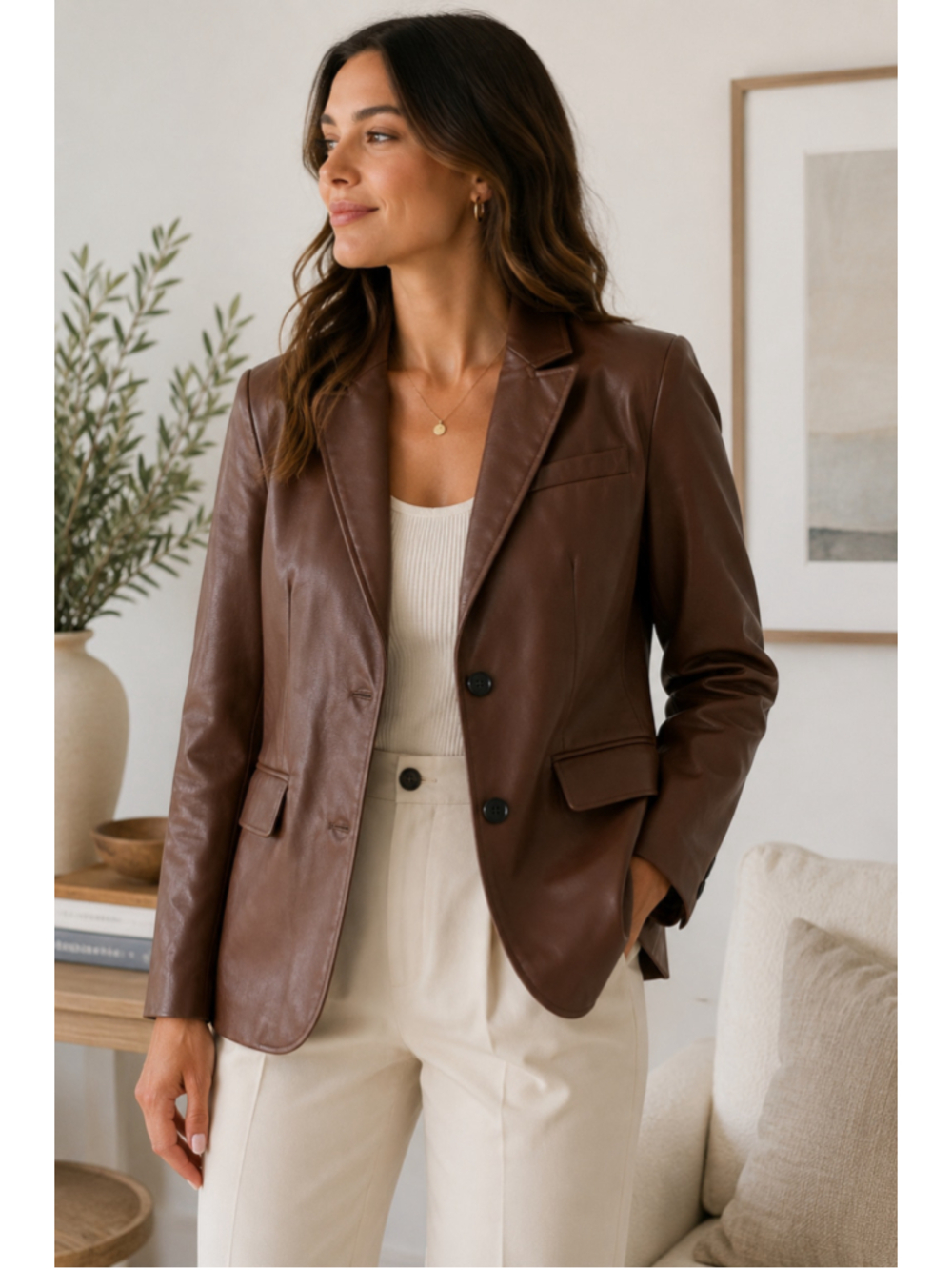 COMMENSE Brown Faux Leather Blazer Jacket Size L NWT Oversized Vegan Leather